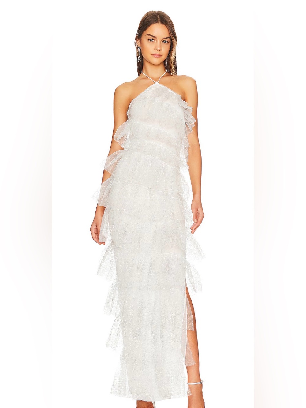 The Bar White Ruffled Halter-Style Maxi Gown